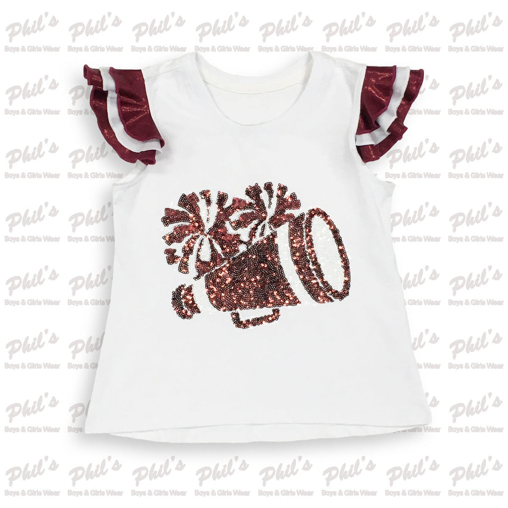 Maroon Sequin Megaphone & Cheer Pom Poms Top