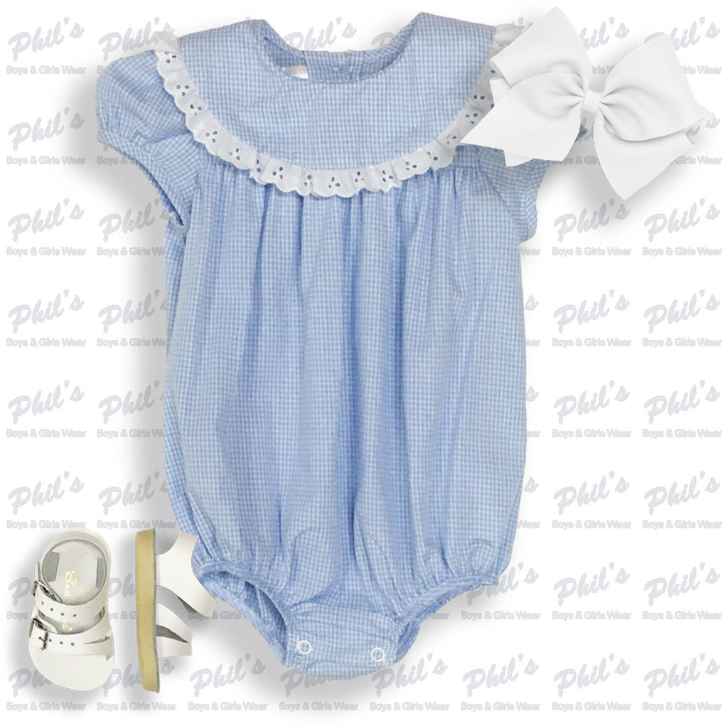 Blue Gingham Bubble w/ Eyelet Trim Collar
