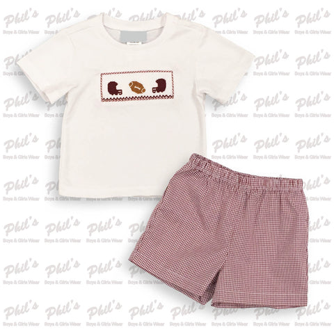 Football Smocked Maroon Gingham Short Set