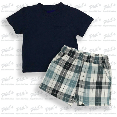 Navy Pocket Tee with Plaid Elastic Waist Shorts Set