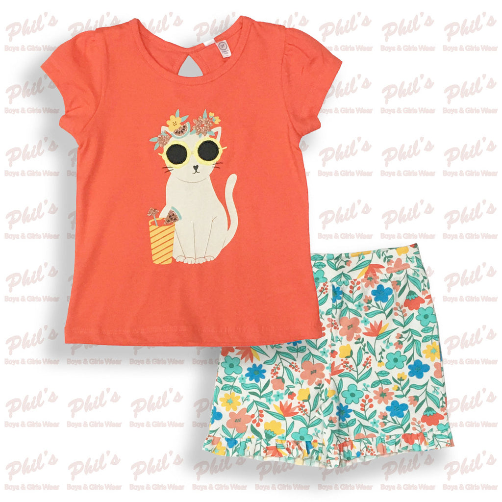 Cat Graphic Tee with Floral Shorts Set