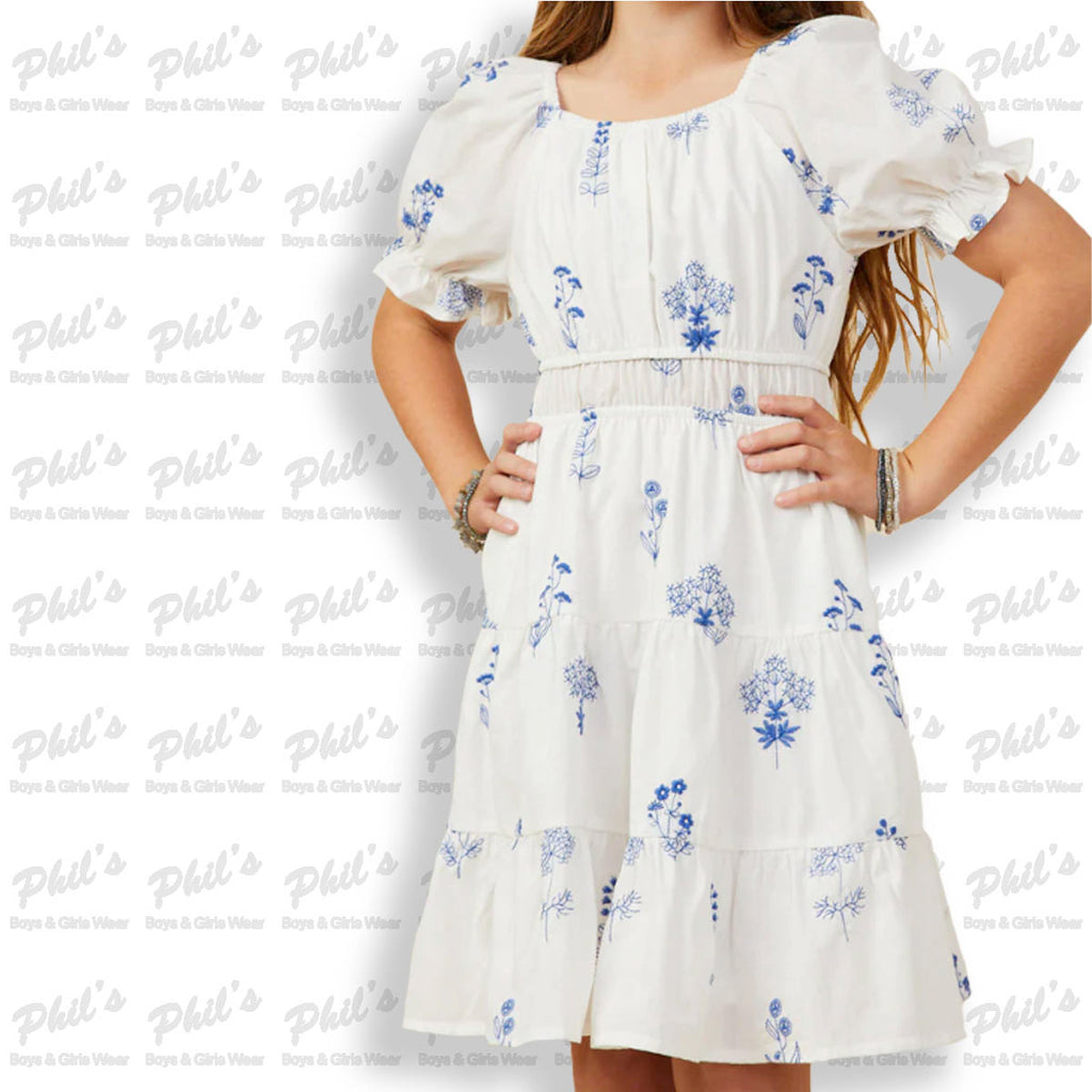 White / Royal Blue Floral Tiered Dress