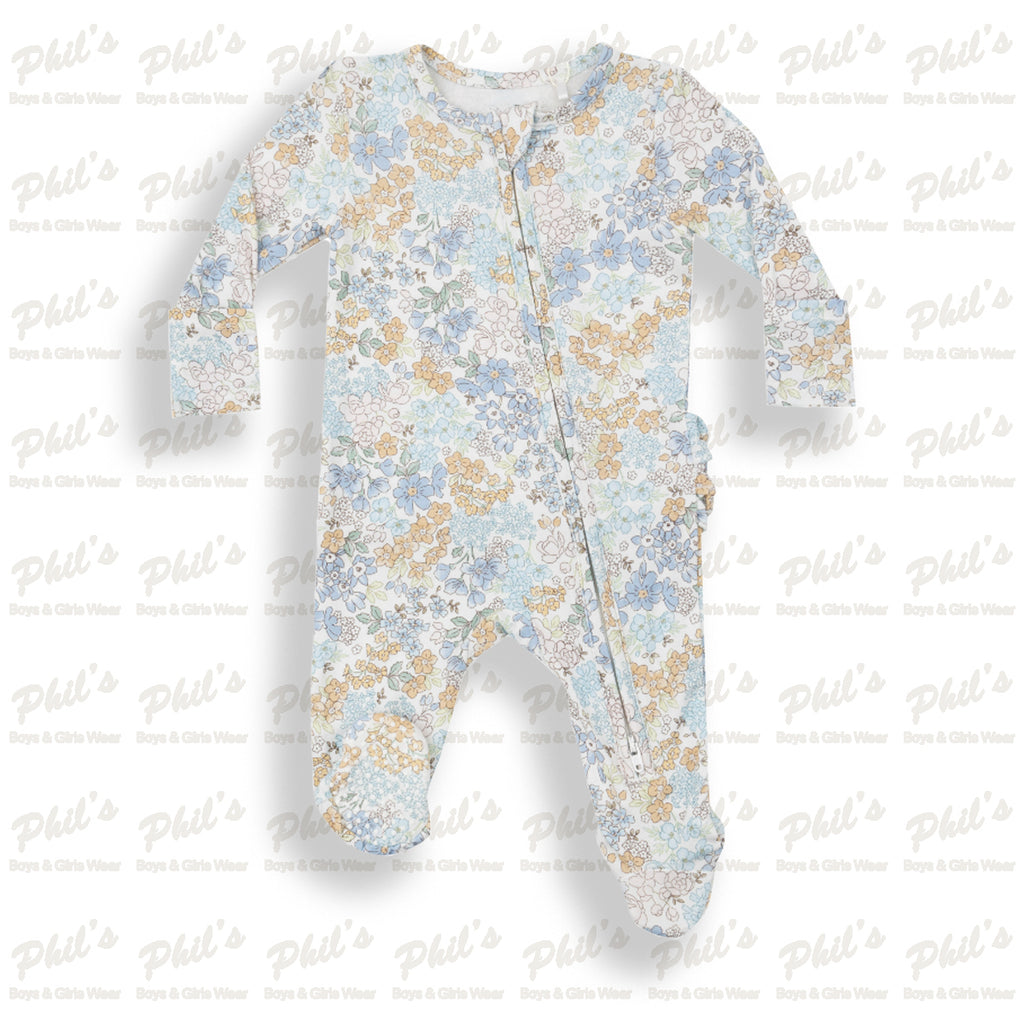 Blue Floral Ruffle Butt Bamboo Footie