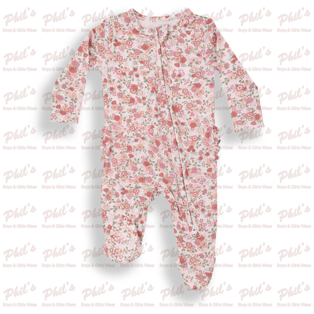 Pink Floral Ruffle Butt Bamboo Footie