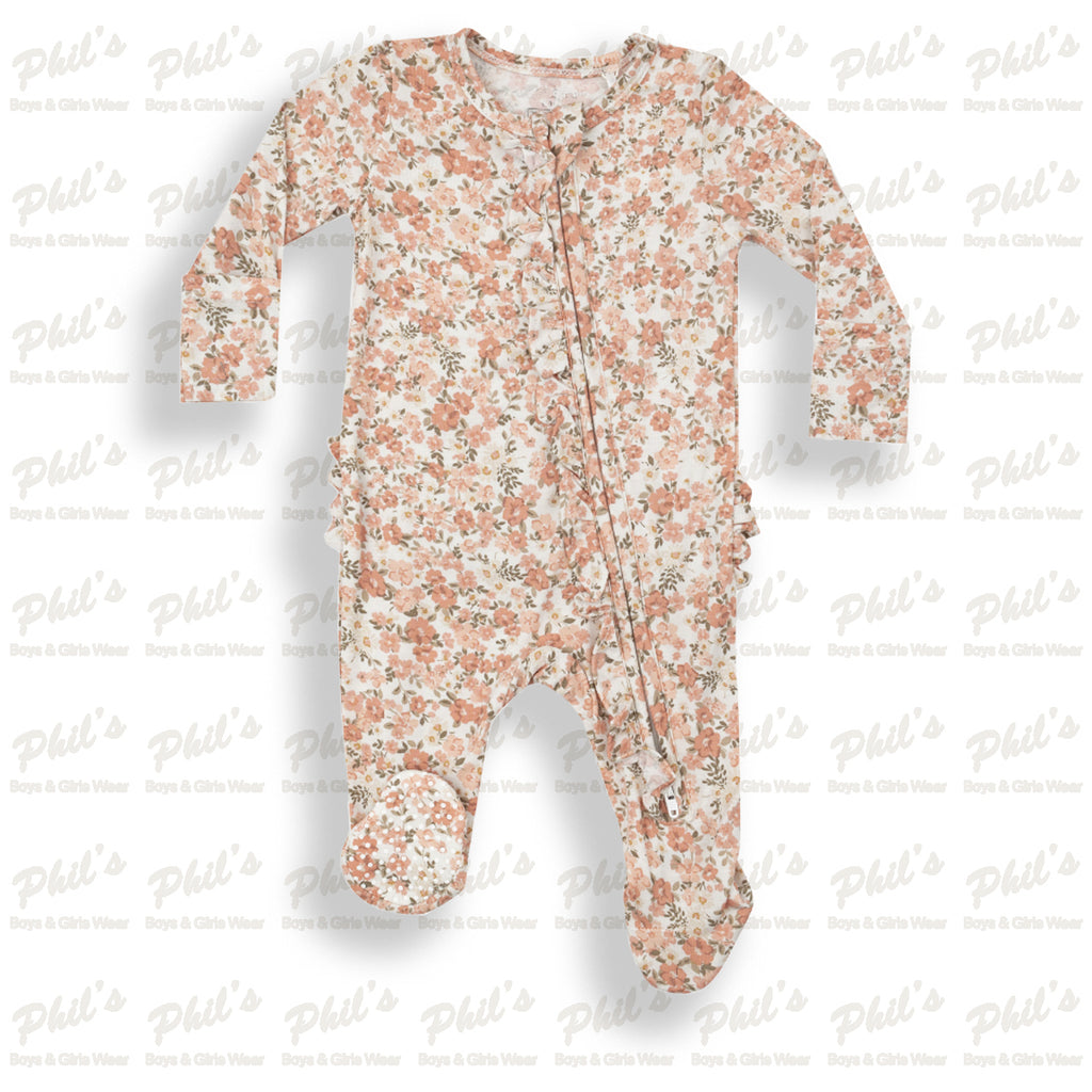 Coral Floral Ruffle Butt Bamboo Footie