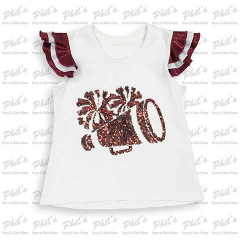 Maroon Sequin Megaphone & Cheer Pom Poms Top