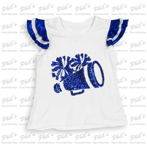 Royal Blue Sequin Megaphone & Cheer Pom Poms Top