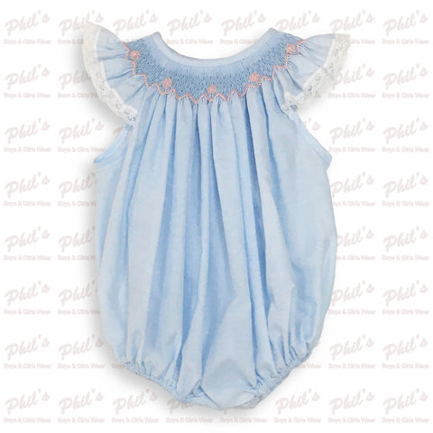 Blue Smocked Bubble w/ Lace Trim