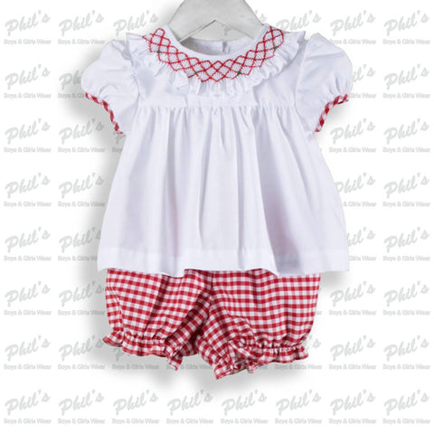 Red Gingham Check Smocked Bloomer Set