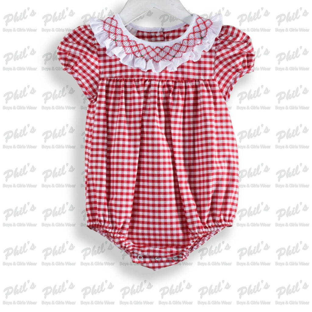 Red Gingham Check Smocked Bubble