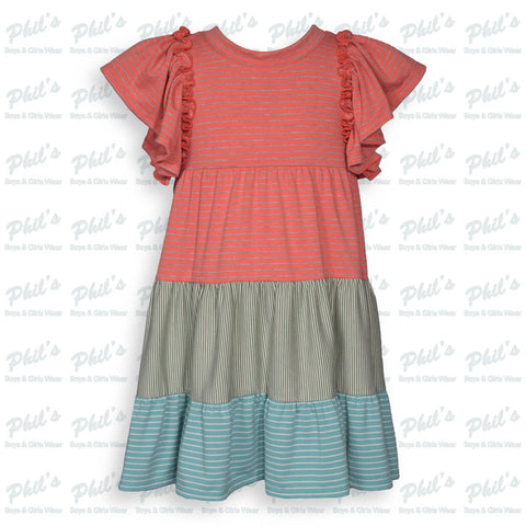 Color Block Coral / Sage Green / Teal Tiered Dress