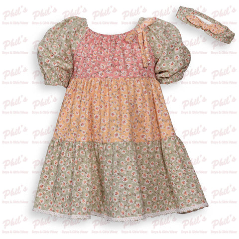 Floral Color Block Coral / Gold / Sage Green Tiered Dress