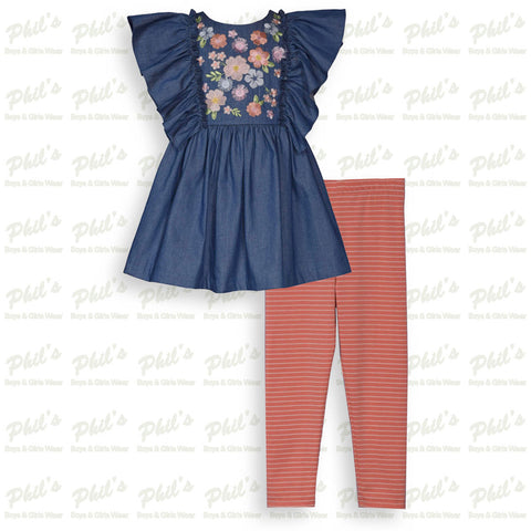 Floral Embroidered Chambray Top with Leggings Set