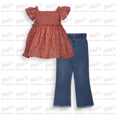 Rust Smock / Swiss Dot Top w/ Frayed Elastic Waist Jeans