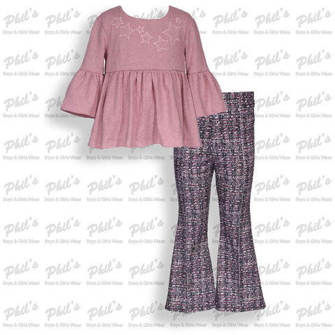 Mauve Star Top w/ Faux Tweed Wide Leg Pant Set