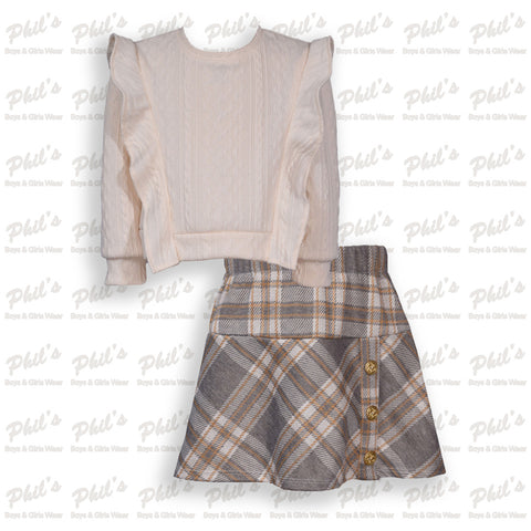 Cream & Grey Plaid Skirt Set