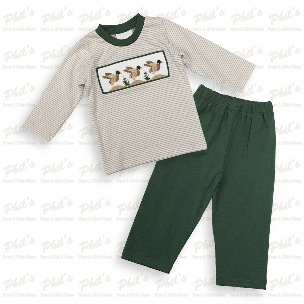 Boys' Flying Mallard Duck Smock Long-Sleeve Shirt & Green Pants Set