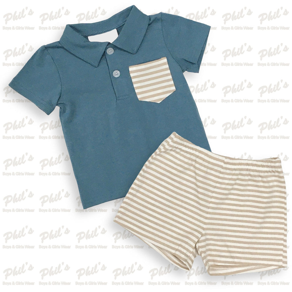 Teal Blue Polo w/ Khaki Stripe Short Set