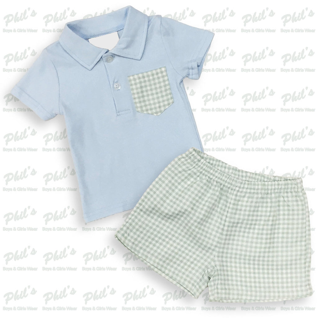 Light Blue Polo w/ Mint Green Gingham Short Set