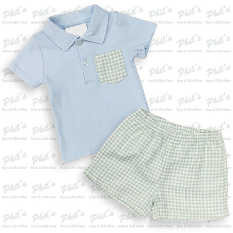 Light Blue Polo w/ Mint Green Gingham Short Set