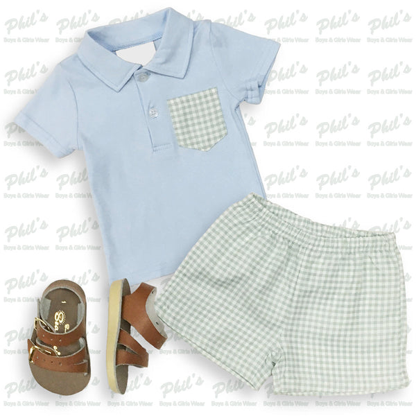 Light Blue Polo w/ Mint Green Gingham Short Set
