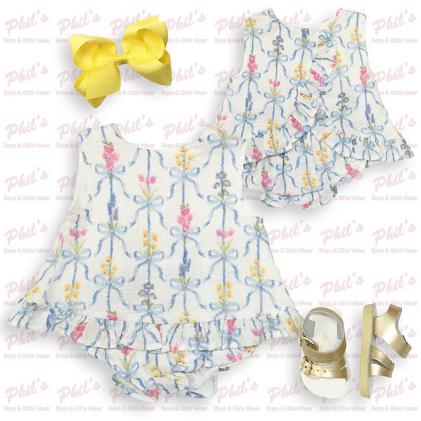Bow Trellis Cross-Back Muslin Bloomer Set