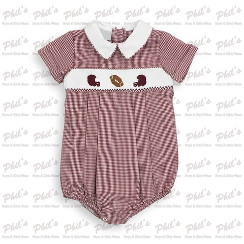 Maroon Gingham Football Smocked Bubble