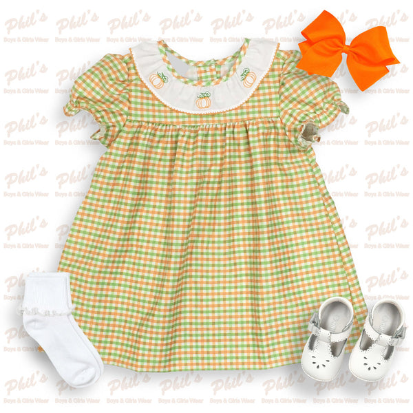 Pumpkin Embroidery Plaid Dress