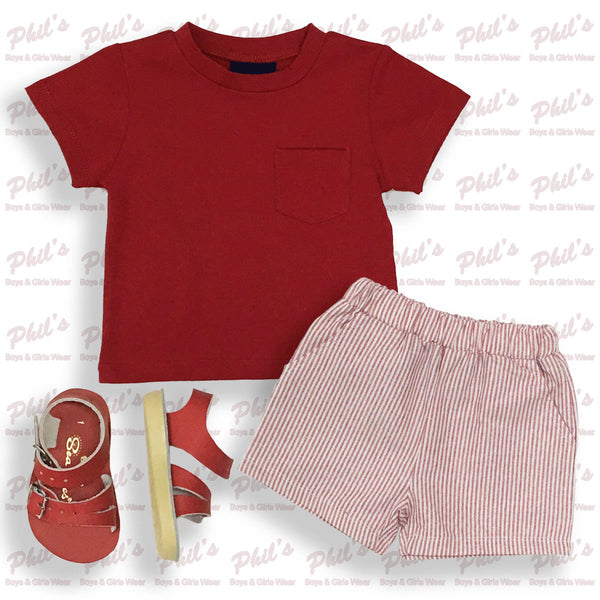 Red Pocket Tee with Red Pinstripe Elastic Waist Shorts Set