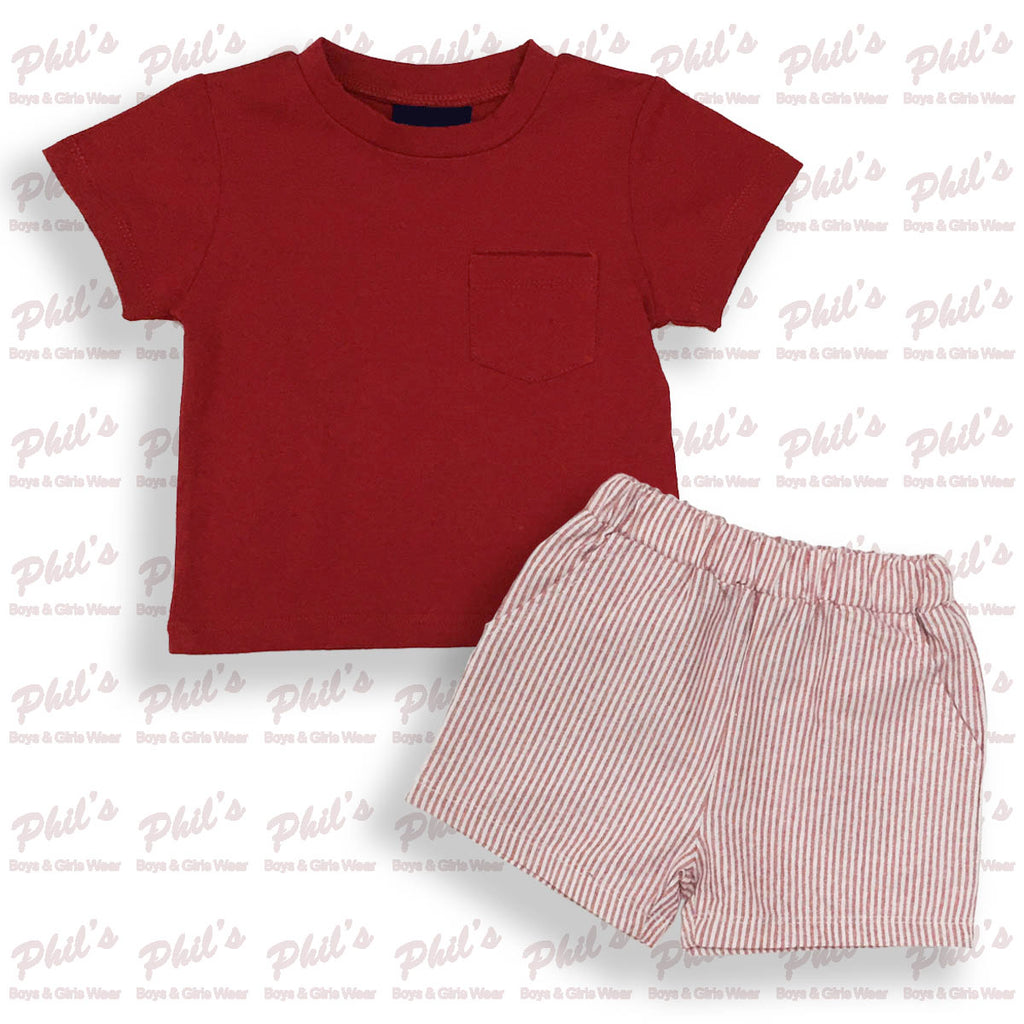 Red Pocket Tee with Red Pinstripe Elastic Waist Shorts Set