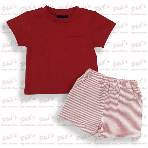 Red Pocket Tee with Red Pinstripe Elastic Waist Shorts Set