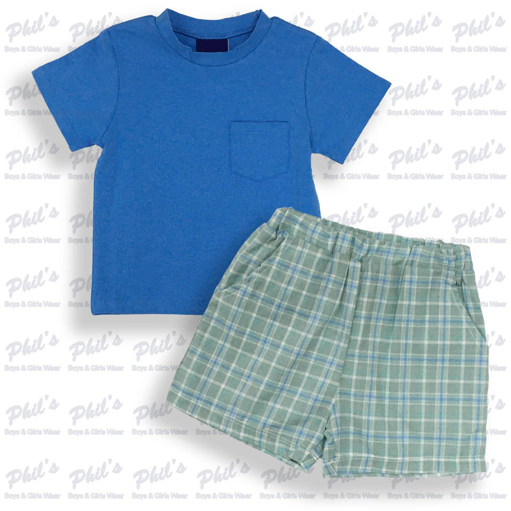 Blue Pocket Tee with Sage Green Plaid Elastic Waist Shorts Set