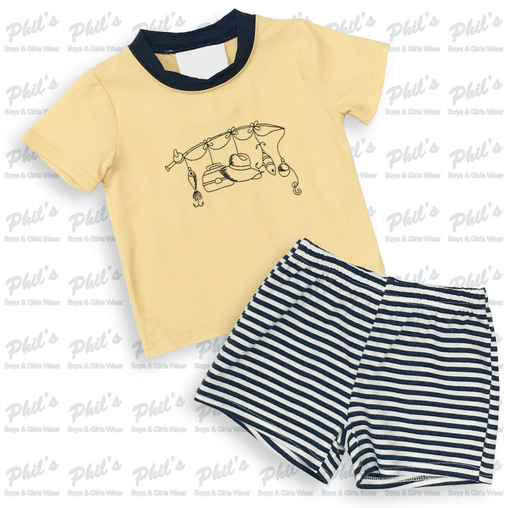 Yellow Fishing Embroidery Short Set