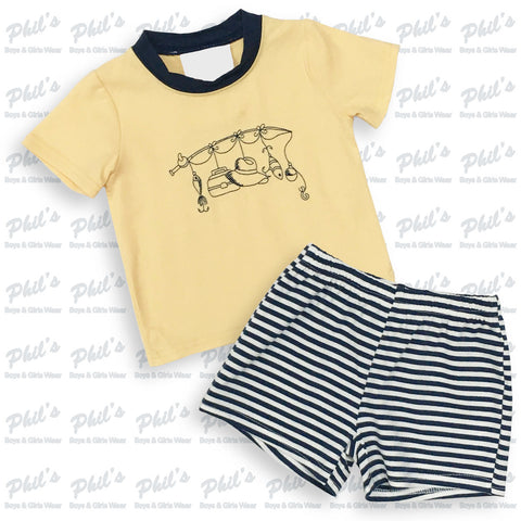 Yellow Fishing Embroidery Short Set