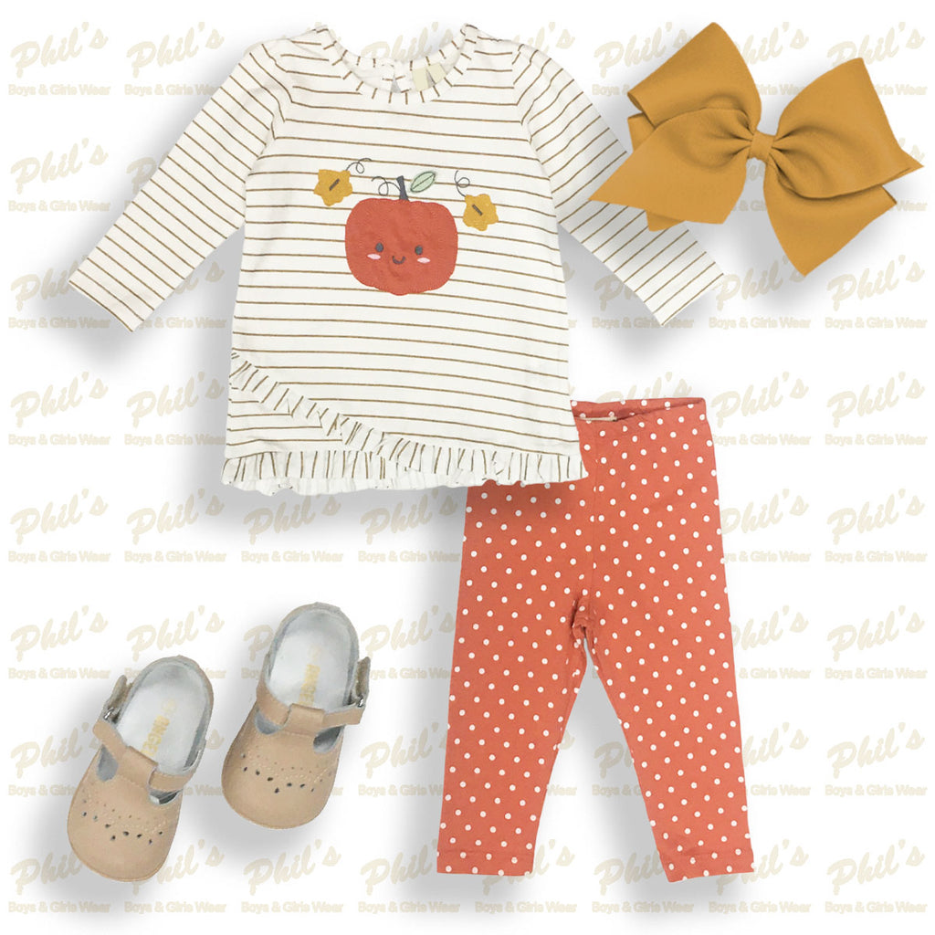 White Pumpkin Appliqué Top w/ Orange Polkadot Leggings