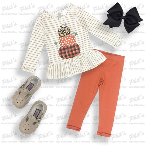 White Pumpkin Top w/ Orange Ruffle Leggings