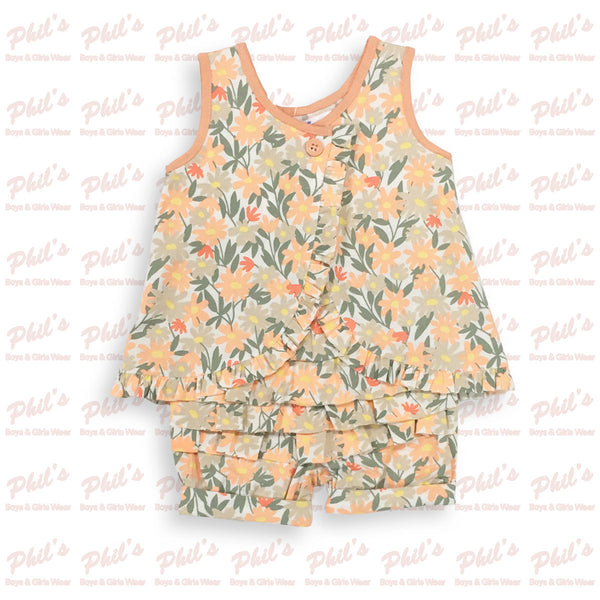 Coral Floral Cross-Back Ruffle Short Set