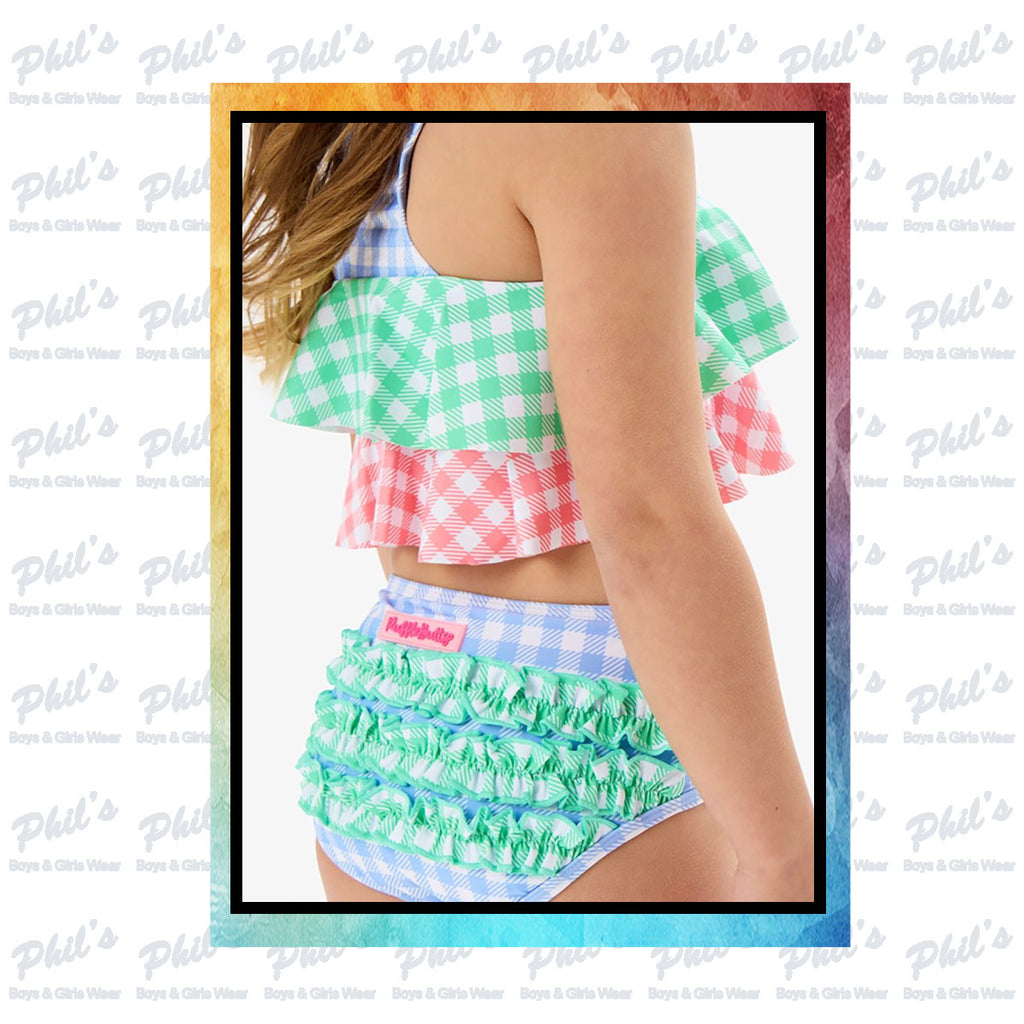 Pastel Gingham Color Block Ruffle Tankini