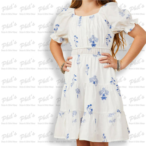 White / Royal Blue Floral Tiered Dress