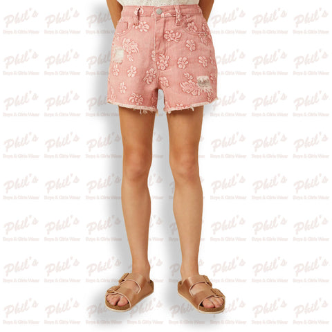 Pink Floral Denim Shorts