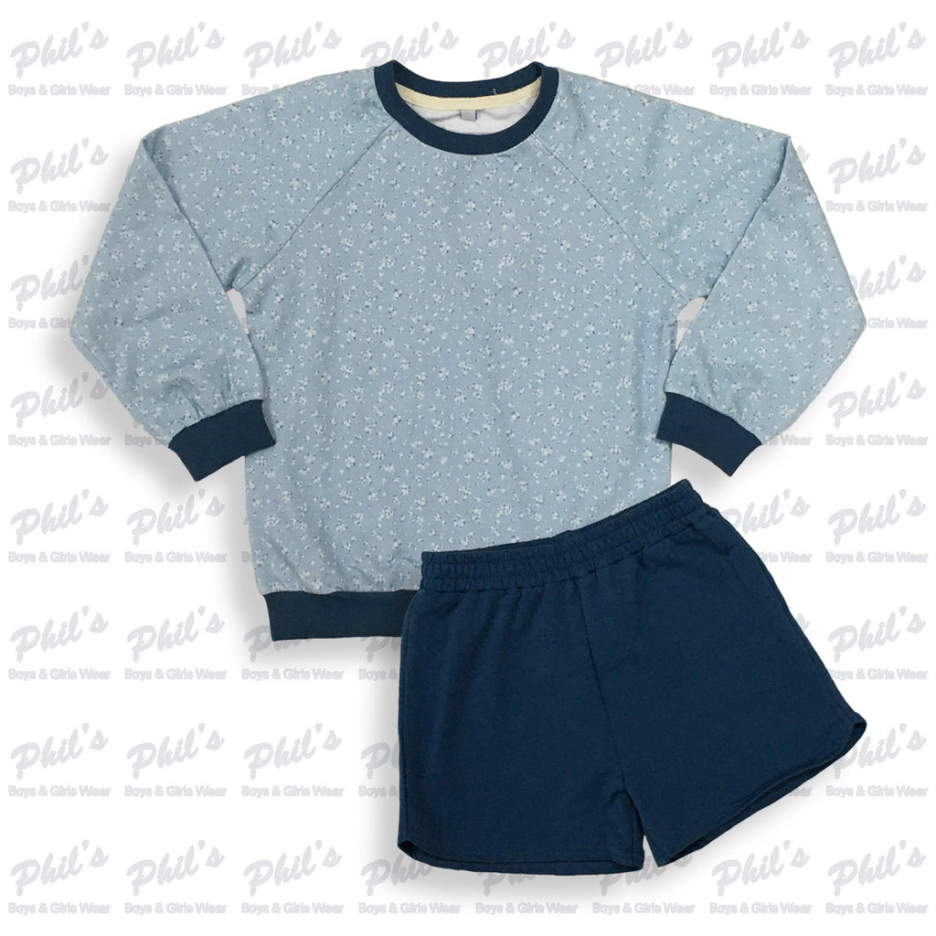 Girls' Blue Floral Sweatshirt & Navy Shorts Set