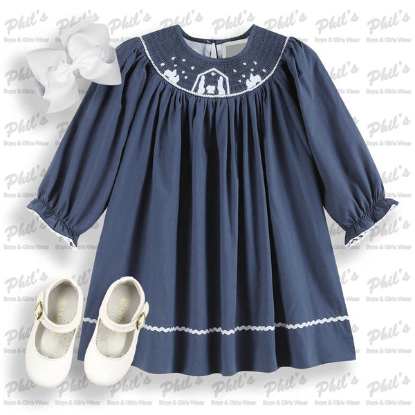 Navy Nativity Smocked Dress