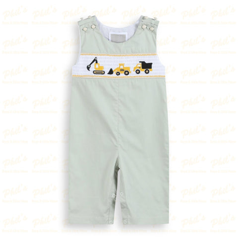 Baby Boys' Sage Construction Trucks Smocked Jon Jon
