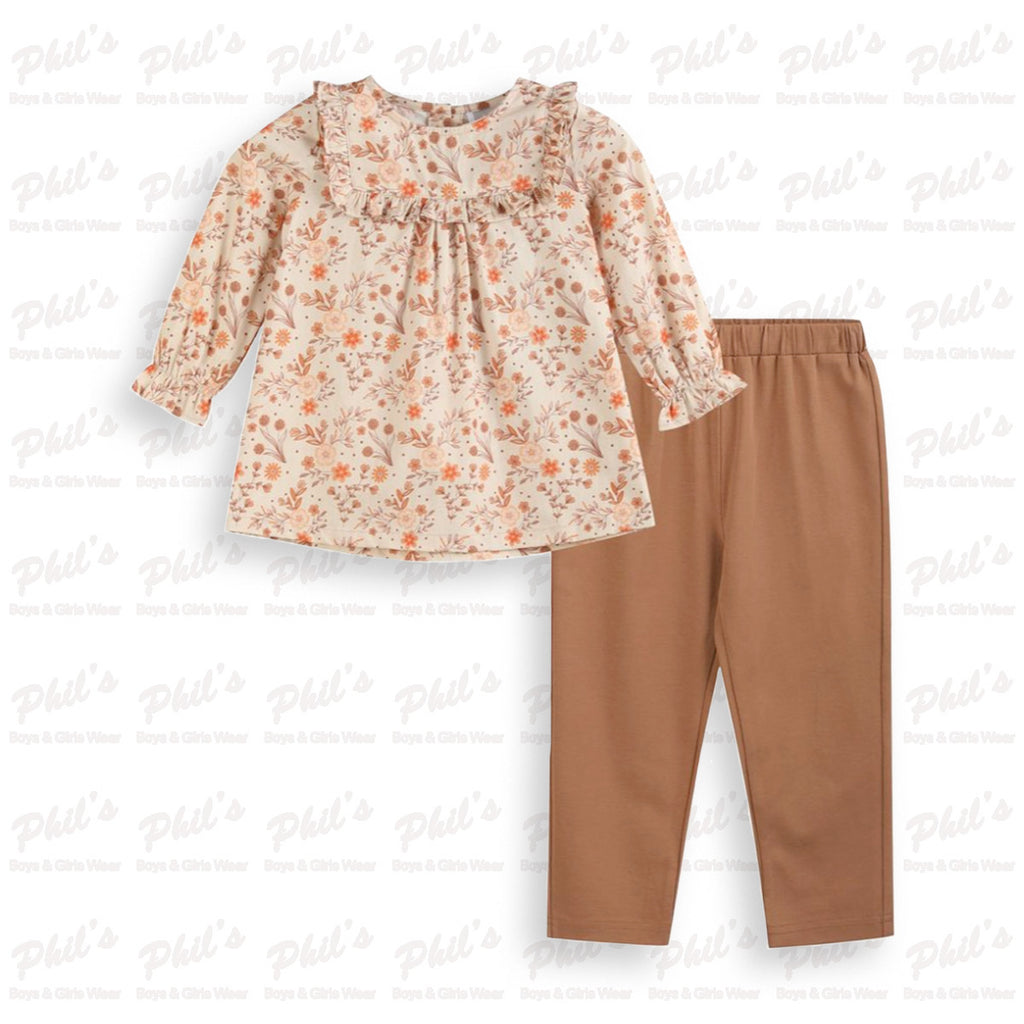 Girls' Fall Floral Top and Brown Leggings Set