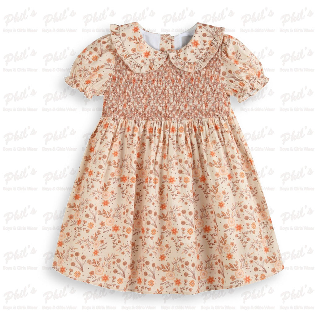 Girls' Fall Floral Smocked Dress with Peter Pan Collar