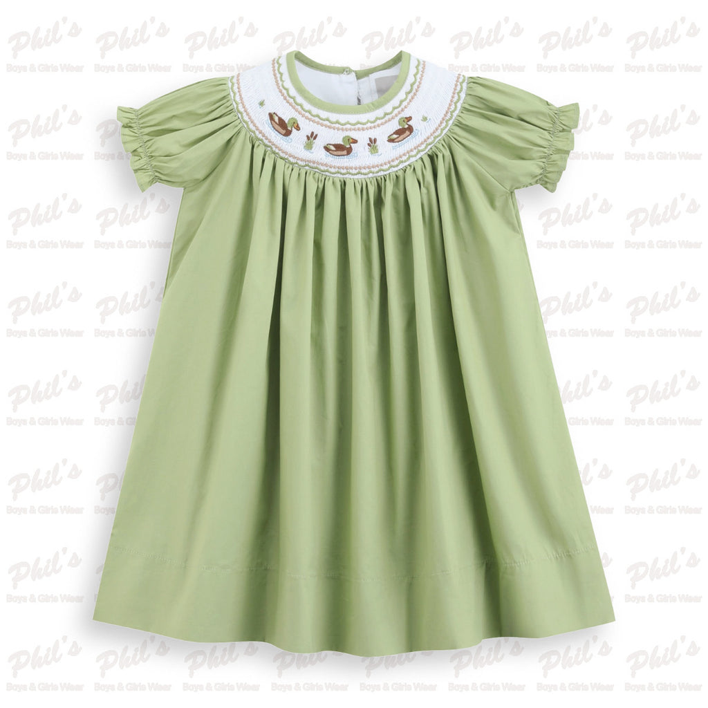 Girls' Green Duck Smocked Dress