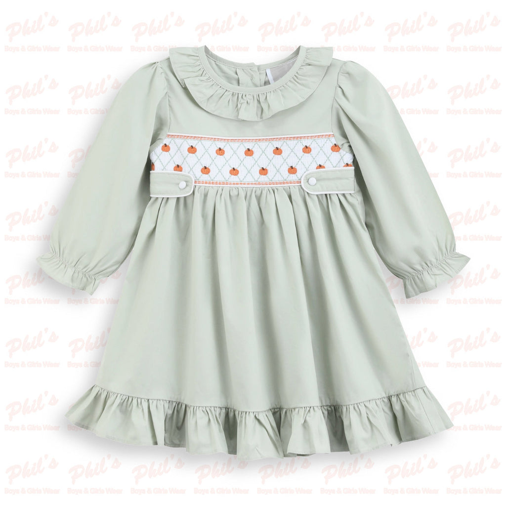 Girls' Sage Green Pumpkin Smocked Dress