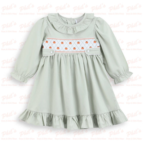 Girls' Sage Green Pumpkin Smocked Dress
