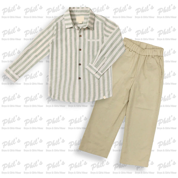 Green Stripe Linen Button Down Shirt