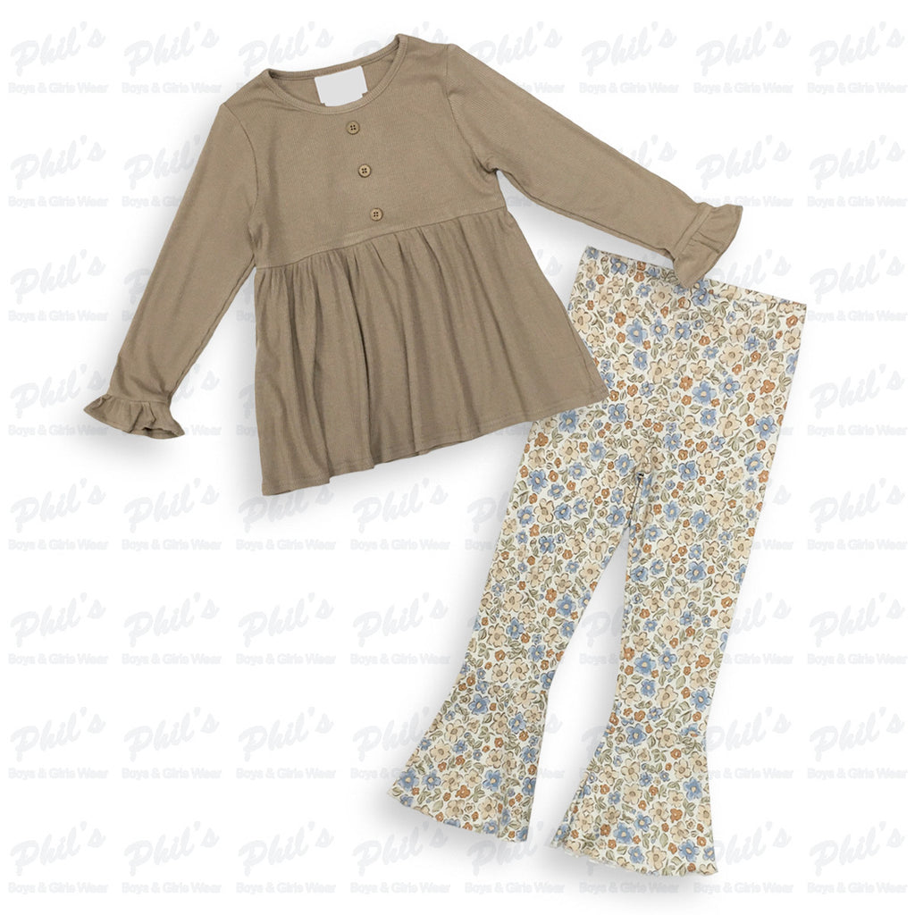 Girls' Tan Tunic with Blue and Tan Floral Leggings Set